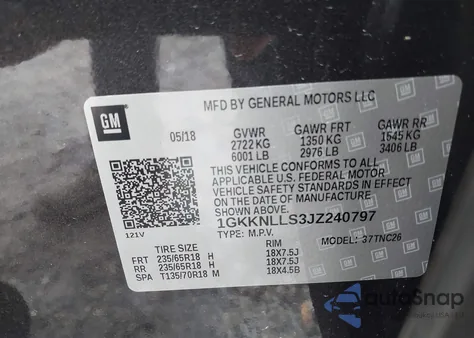 2018 GMC Acadia Sle-2 из США, поврежденный, VIN 1GKKNLLS3JZ240797